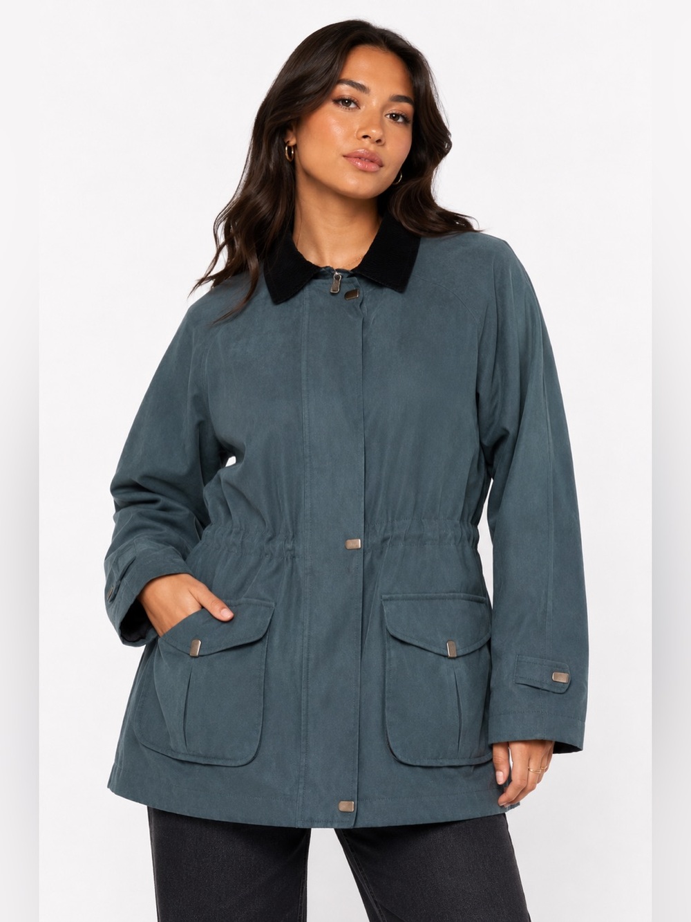90s Vintage St. John’s Bay Utility Jacket w Velvet Collar & Pockets Teal Size M